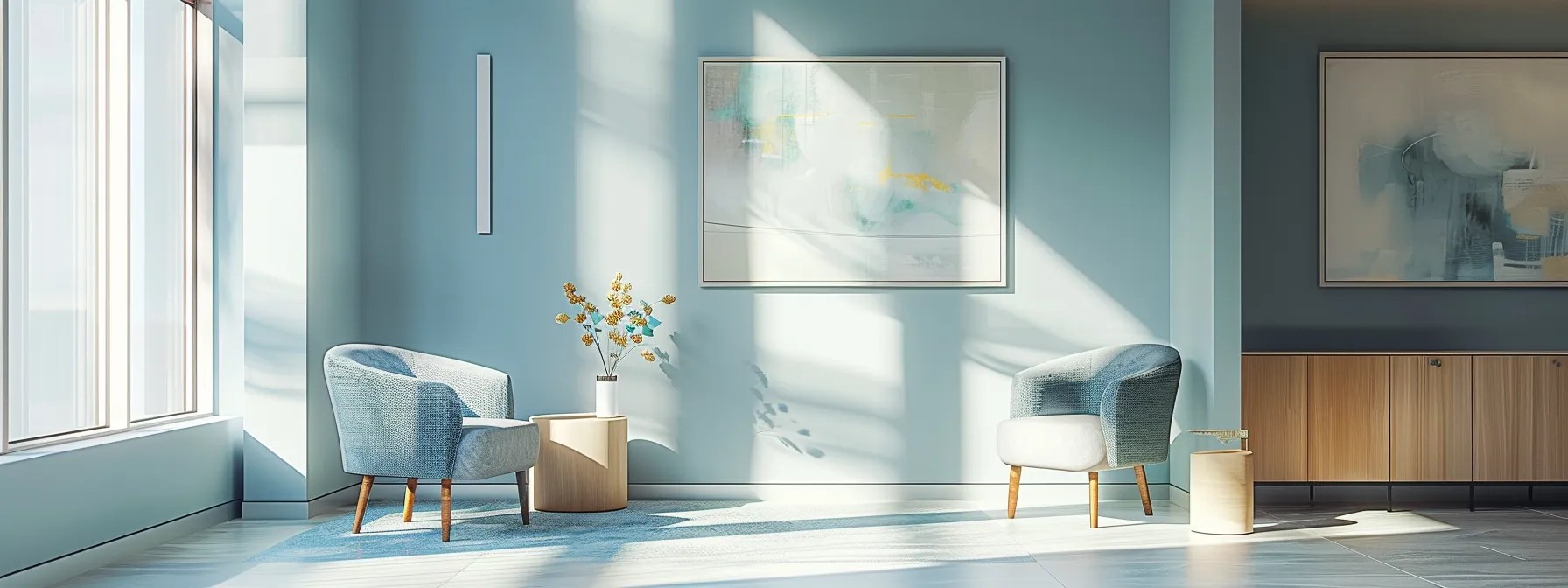 a serene therapy office featuring modern seating in calming blue and grey tones, softly illuminated by natural sunlight streaming through large windows, with tasteful abstract art on the walls and a minimalist design that evokes a sense of security and tranquility.