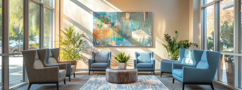 a serene therapy office interior with modern, comfortable seating in calming blue and grey hues, illuminated by warm sunlight streaming through large windows, complemented by peaceful indoor plants and abstract art, creating an inviting space for discussing various treatment options for managing treatment-resistant depression.