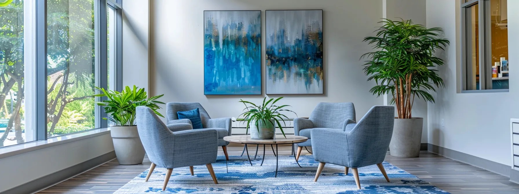 a serene therapy office with modern, comfortable seating in calming blue and grey tones, illuminated by warm natural sunlight streaming through large windows, complemented by peaceful indoor plants and soothing abstract art, creating an inviting atmosphere for behavioral activation and emotional wellness.