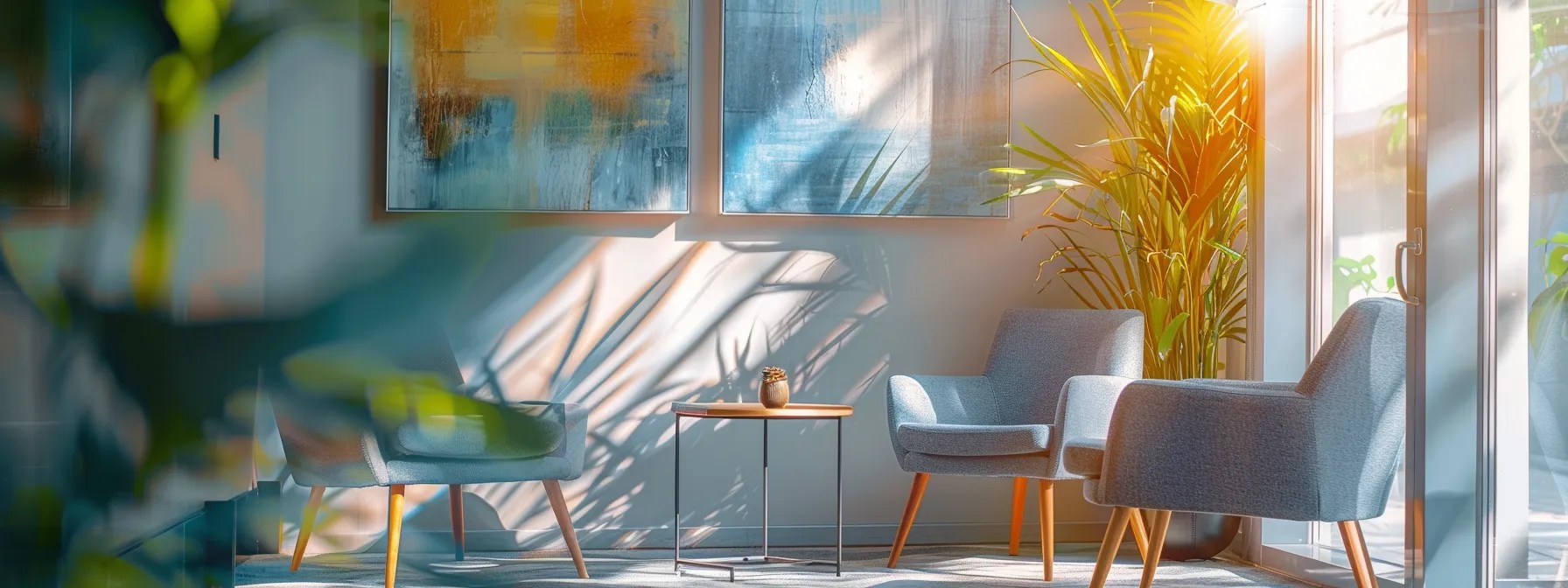 a warm and inviting therapy office interior showcases soothing blue and grey tones with modern seating, flooded with natural sunlight pouring through large windows, creating a serene atmosphere enhanced by soft lighting and tasteful abstract art on the walls.