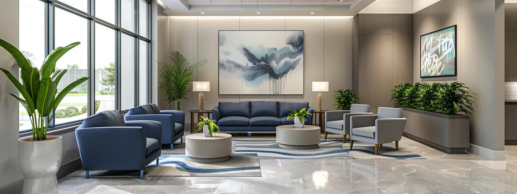 a warm and inviting therapy office interior, featuring contemporary seating in soothing blue and grey tones, bathed in gentle natural sunlight from large windows, and adorned with peaceful indoor plants and abstract art, evokes a sense of serenity and safety crucial for discussions on the link between mental health and substance use disorder.