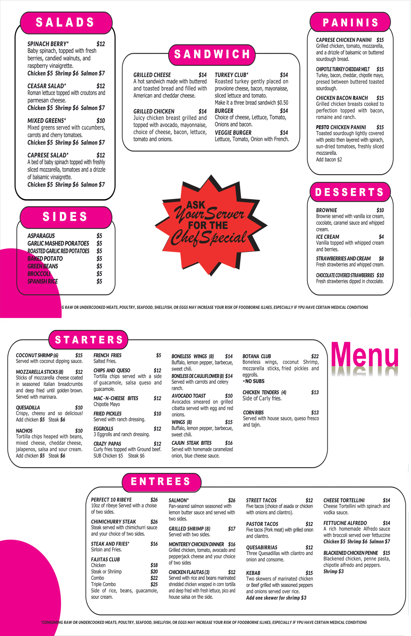 Food menu at the perfect 10 mens club in Austin