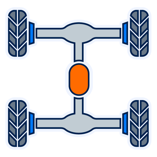 An illustrated icon of a rear axle differential assembly showing the ring gear housing and axle shaft outputs on both sides.