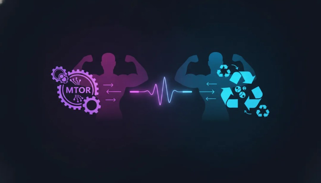 Deux silhouettes qui bandent leurs muscles : celle de gauche présente des engrenages portant la mention « mTOR », symbolisant son rôle de mécanisme clé, tandis que celle de droite affiche des symboles de recyclage pour illustrer l'autophagie. Des flèches pointent dans les deux sens entre elles, avec une ligne représentant un battement cardiaque au centre, suggérant des processus biologiques ou un équilibre.
