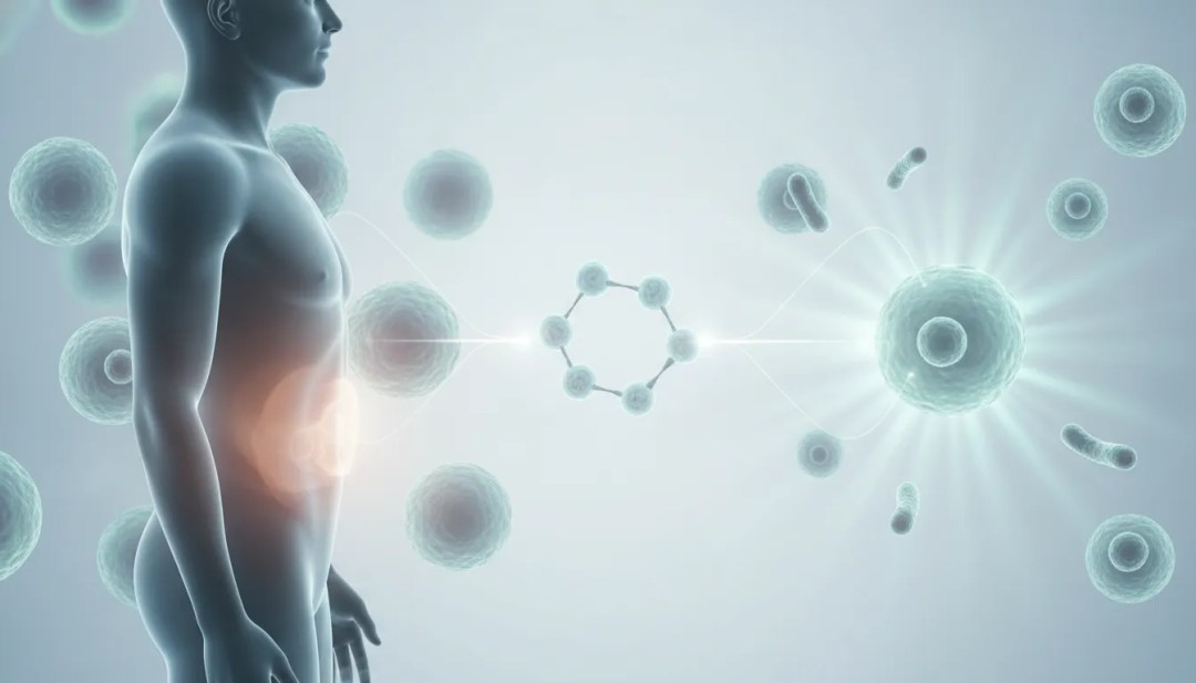 Une illustration numérique représentant une silhouette humaine de profil, dont les organes brillent, entourée de cellules et de molécules en suspension, symbolise de manière frappante la science et les avancées médicales. De subtiles références à la taurine mettent en avant les dernières recherches en biologie, tandis que la composition fait allusion à la « graisse du ventre », soulignant ainsi l'étude de la santé humaine.