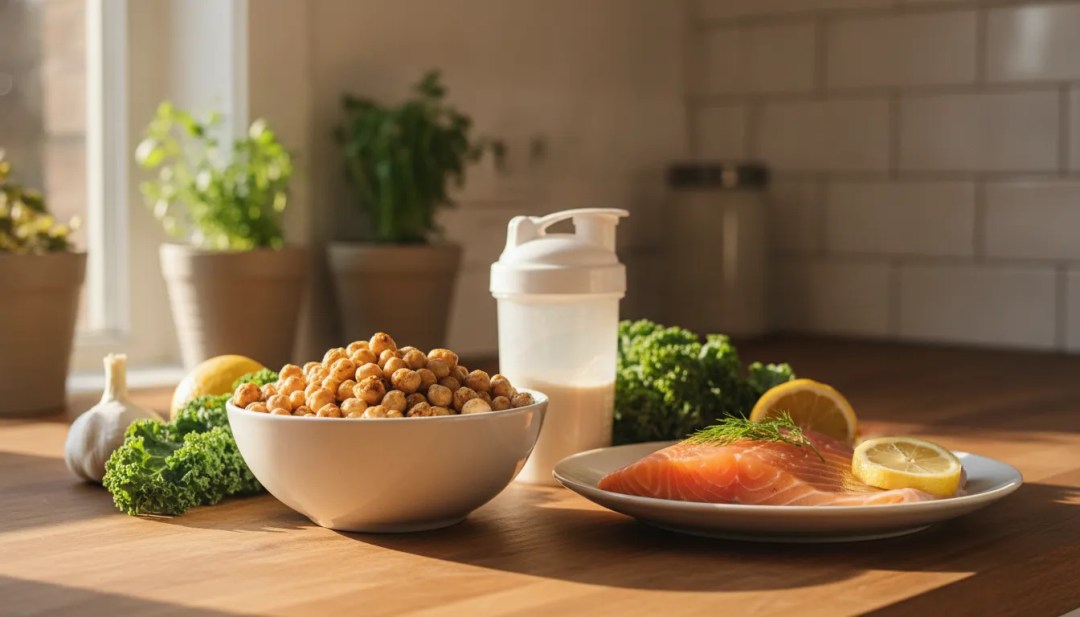 Un bol de pois chiches, un milk-shake protéiné et une assiette garnie de saumon cru, de tranches de citron et de légumes verts : tous ces aliments sains sont disposés sur un plan de travail en bois, avec des plantes en arrière-plan. Ces choix alimentaires peuvent vous aider à réduire votre graisse abdominale en seulement 8 semaines.