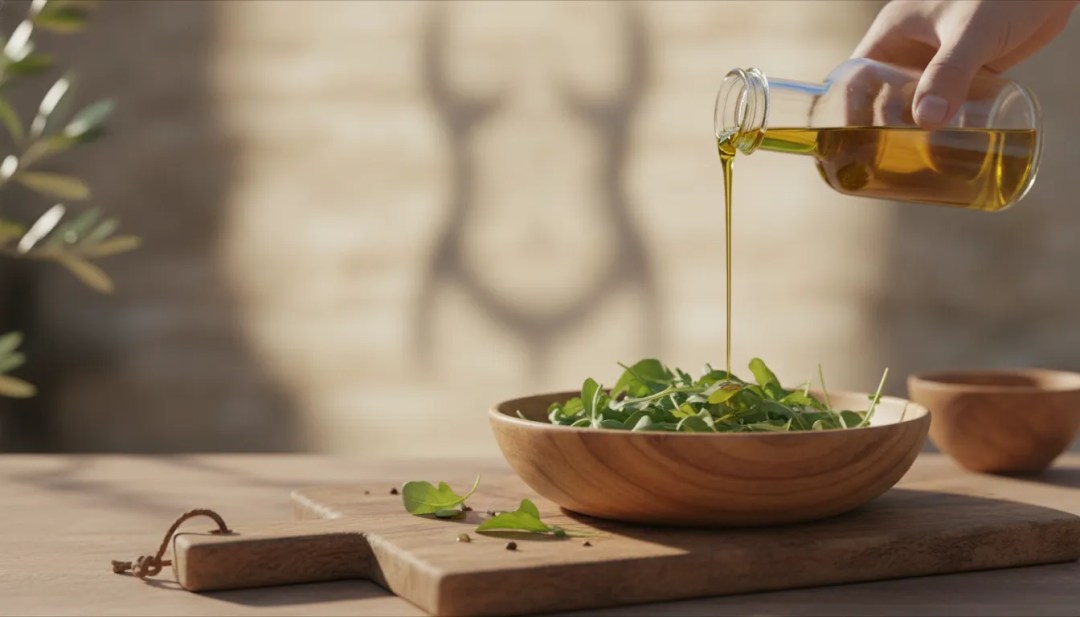 Une main verse de l'huile d'olive depuis une bouteille en verre sur une salade verte fraîche dans un saladier en bois, posé sur une planche à découper rustique en bois, avec en arrière-plan un paysage extérieur flou — un choix délicieux et équilibré, souvent apprécié par ceux qui veillent à leur perte de poids.