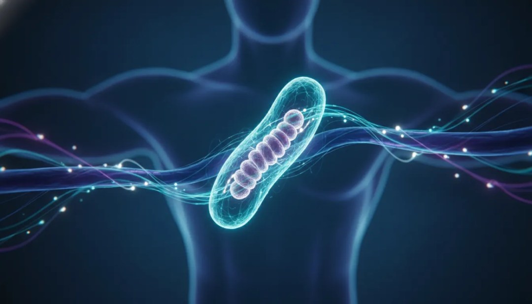 Une mitochondrie lumineuse flotte devant la silhouette translucide d'un torse humain, entourée de lignes d'énergie bleues et violettes tourbillonnantes, illustrant les effets revitalisants de l'urolithine A (500 à 1 000 mg) pour des muscles plus forts.