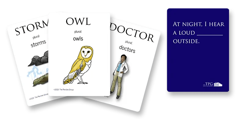 An example hand for VERBA English. There are three picture cards with one sentence card.