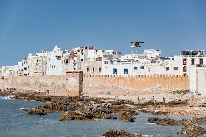 Whitewashed coastal town with a stone sea wall along the rocky shore under a clear blue sky; a bird flies overhead.