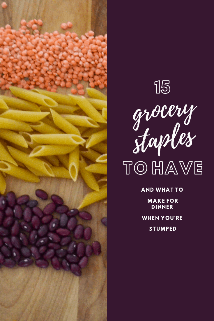Budget grocery staples to have on hand. AND what to do with them when you have no idea what to make for dinner. #dinnerinapinch #easydinner