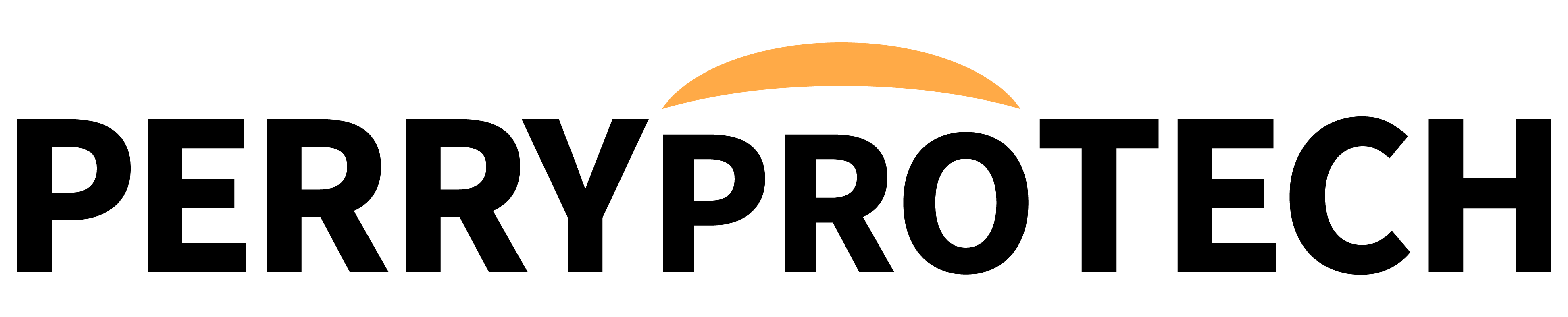The image shows the word PERRYPROTECH in bold black letters with a partial orange arc above the letters PRO. The background is light gray.