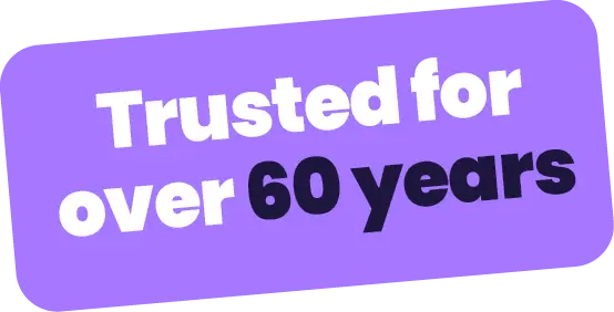 Purple rectangle with rounded corners featuring the white and black text: Trusted for over 60 years in network security Ohio.