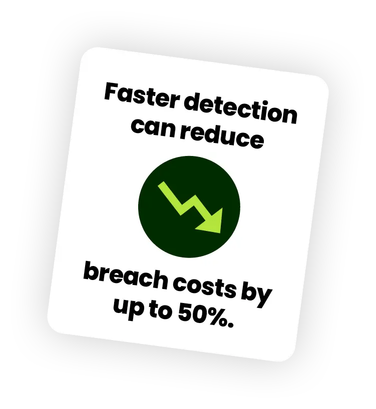 A graphic with a green downward arrow in a circle. Text reads: Faster detection can reduce breach costs by up to 50%—a critical advantage for network security Ohio organizations.
