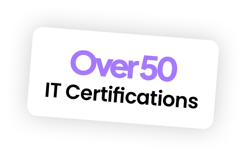 A graphic with the text Over 50 IT Certifications in bold black and purple letters on a white rectangle with a thick black border, highlighting network security Ohio programs.