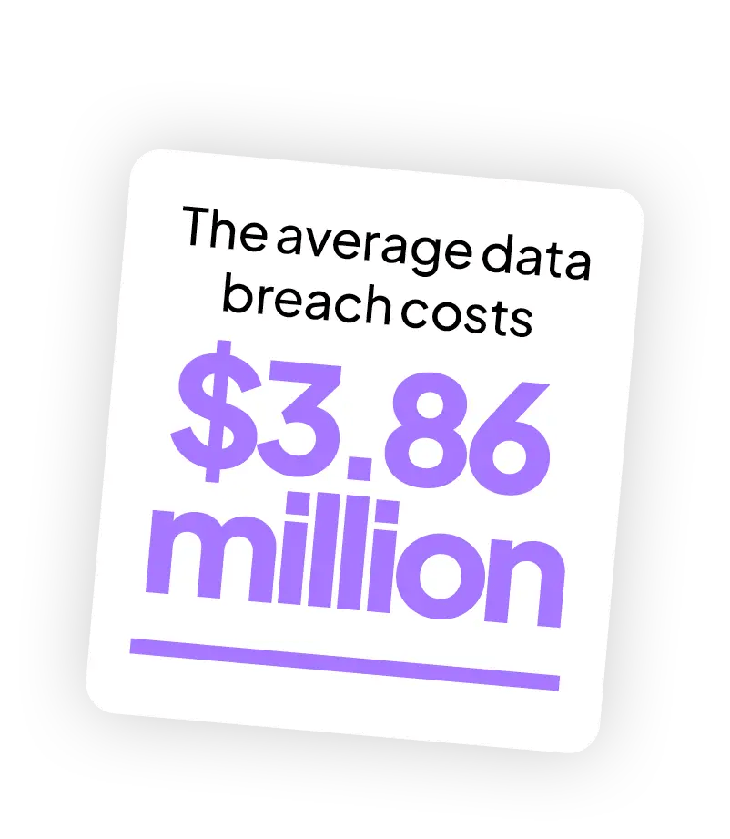 A graphic with text stating, The average data breach costs $3.86 million, with the dollar amount and million in large purple font—highlighting the importance of Managed IT and Network Services to help protect your business.
