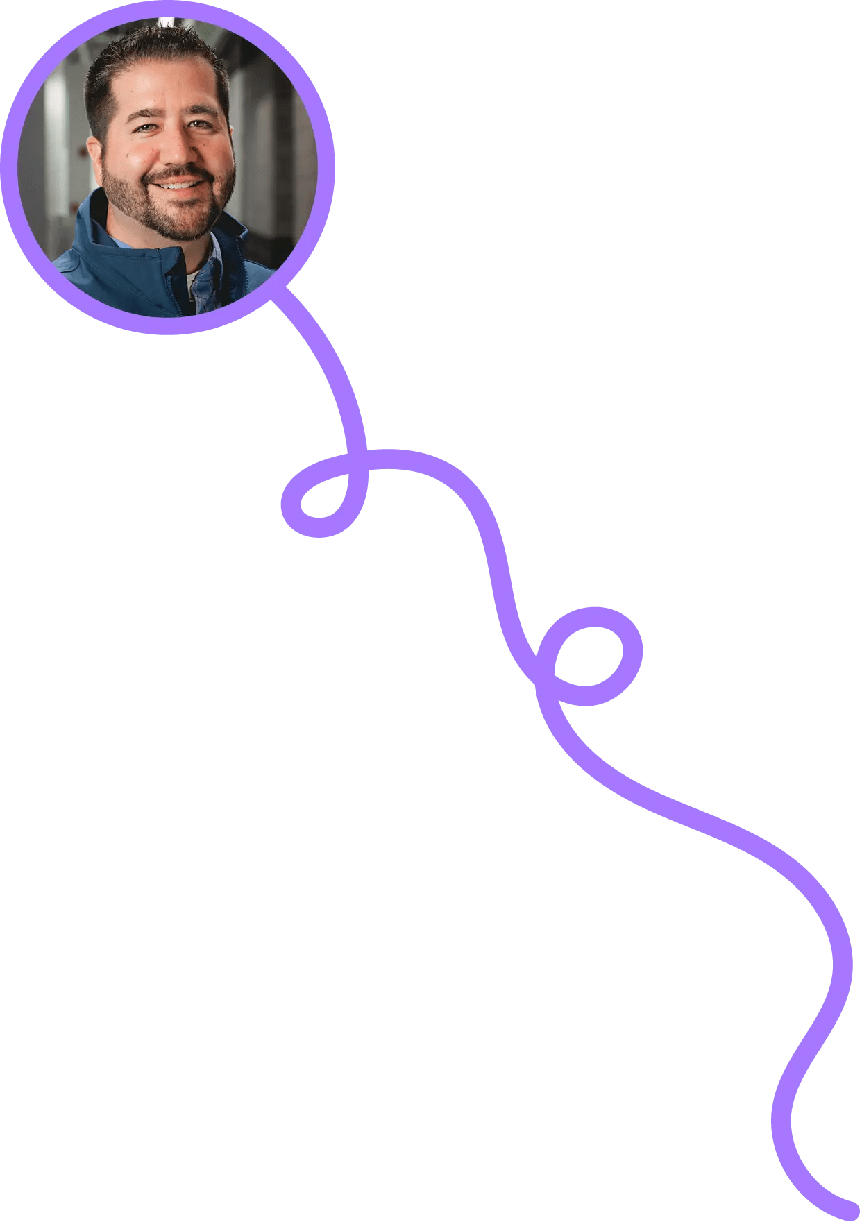 A man with short dark hair and a beard smiles, wearing a blue collared shirt. His photo is in a purple circle with a wavy line trailing down like a balloon string—perfect for spotlighting network security Ohio professionals.