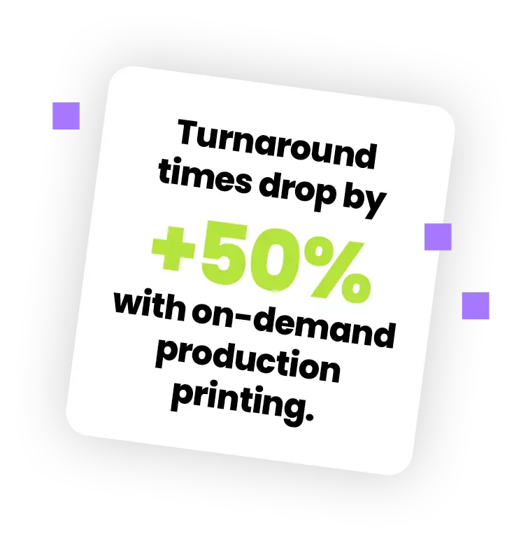 A graphic with the text: Turnaround times drop by +50% with on-demand production print services Ohio in black and green font on a white background with a black border and purple geometric accents.