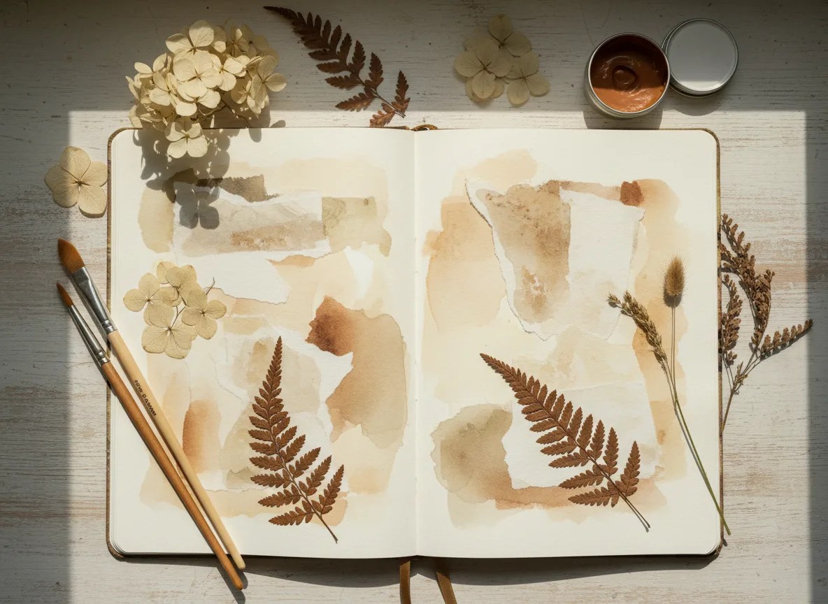 Flat-lay of an art journal page with watercolor washes, paper collage and paintbrushes