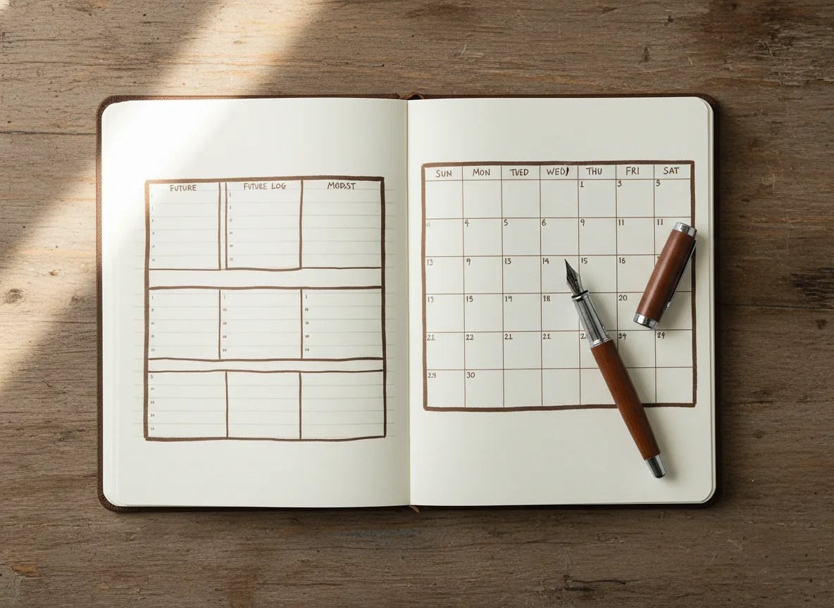 Hand-drawn future log and monthly log spread in a bullet journal notebook