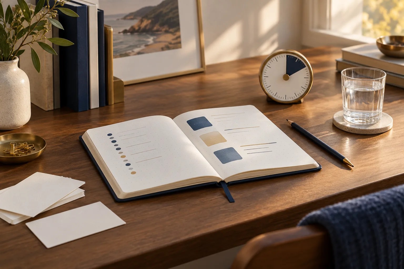 Open dot-grid notebook with paper cards, a pencil and a small desk clock in natural window light