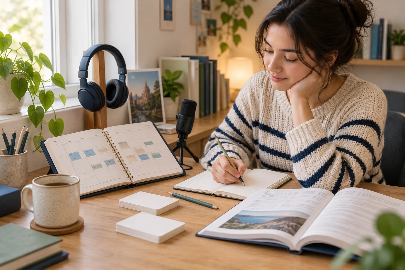 Open weekly study planner with headphones and simple language-learning notes on a bright desk