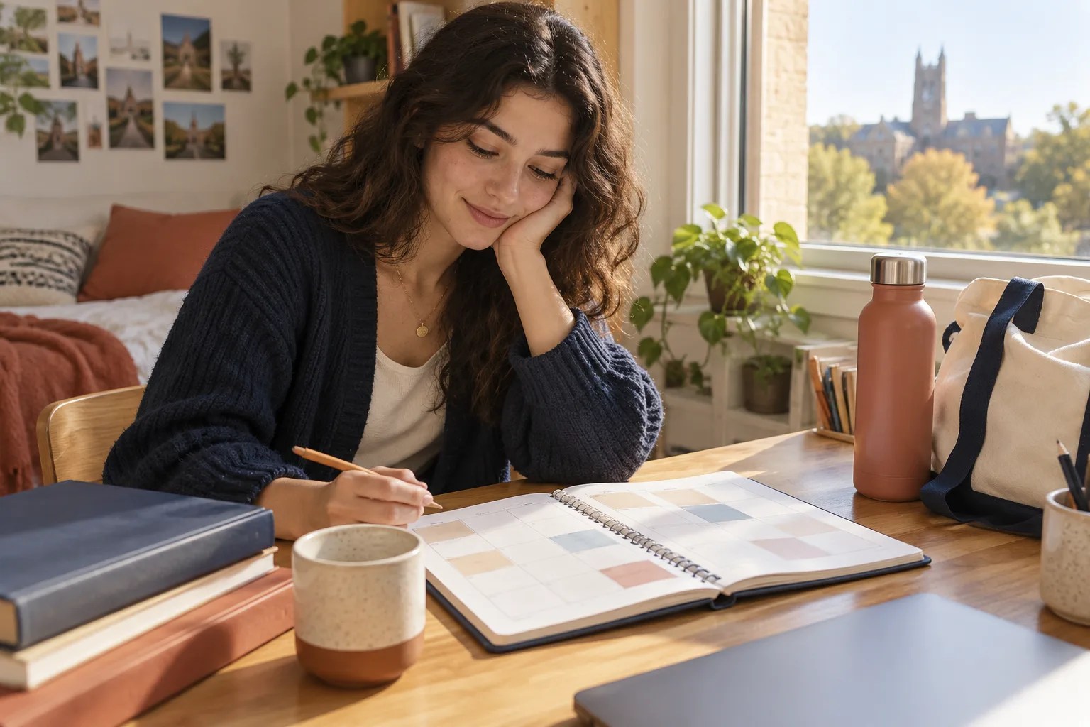 A student's open weekly planner beside course books and a simple desk calendar in a quiet study space, with no readable writing
