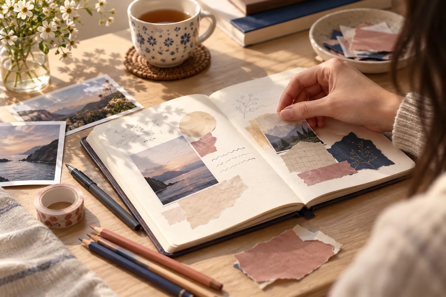 An open blank journal with a few paper scraps and a pencil on a bright desk, ready for a short daily writing practice; no readable text