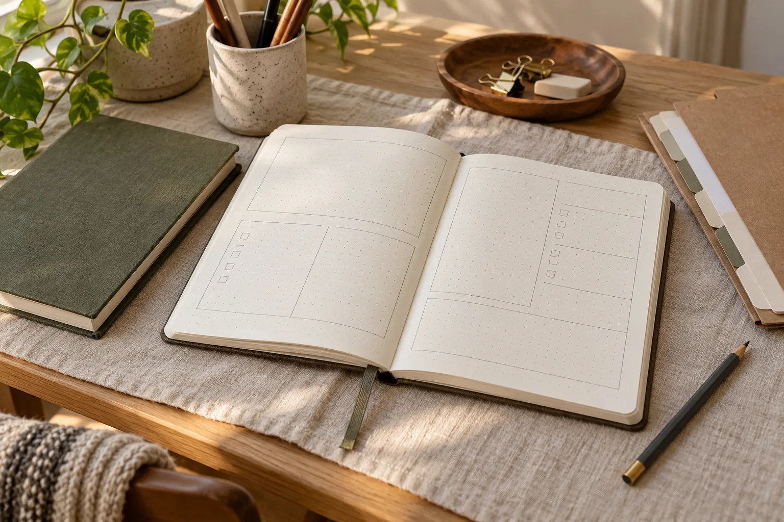 Open cream dot-grid journal with study and work planning blocks, a closed book, folder, and graphite pencil on linen.