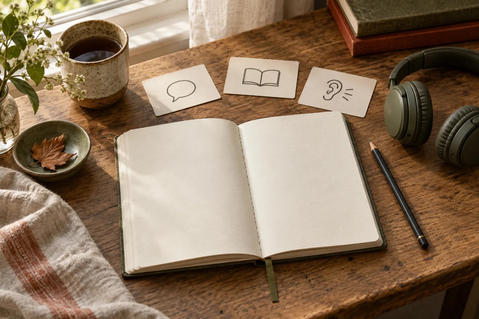Blank language-learning journal with speech, book and listening cards, headphones and pencil