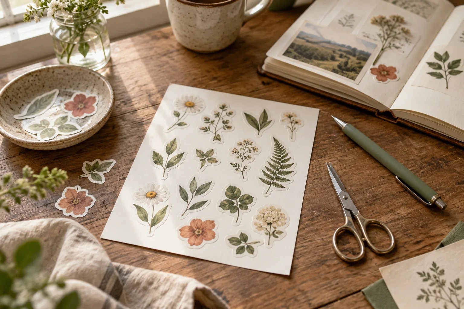 Making botanical stickers with matte paper, scissors and a journal on a wooden desk