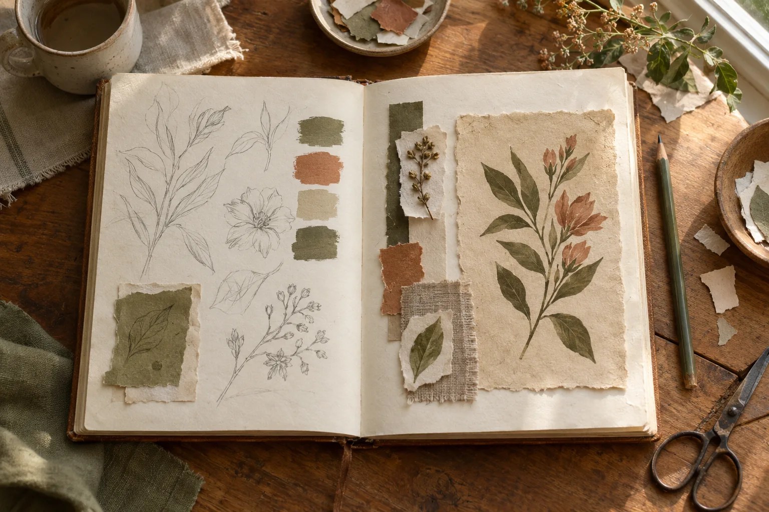 Project process journal with pencil sketches, color swatches and paper samples