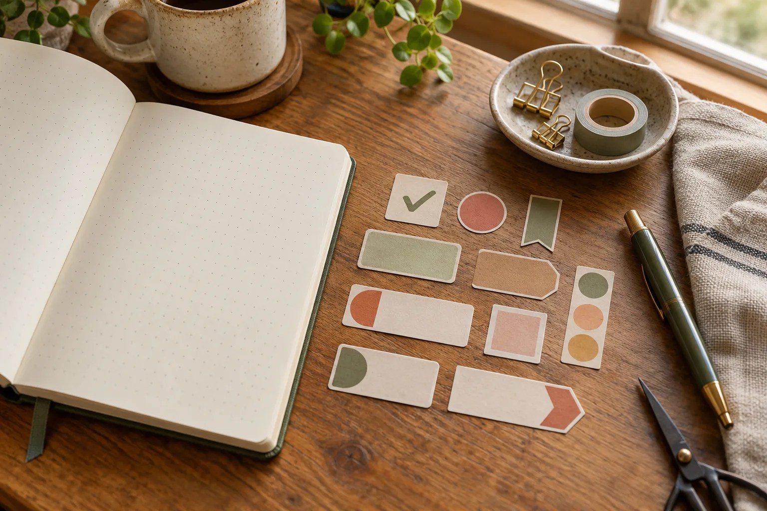 Functional small labels with simple symbols and colors beside a dotted journal