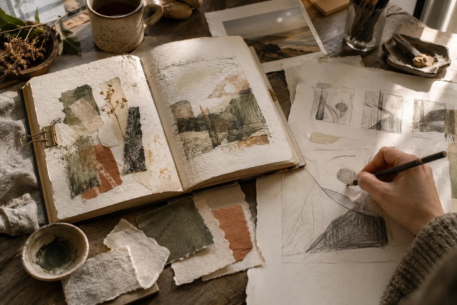 Creative project progress journal with sketches and a hand drawing