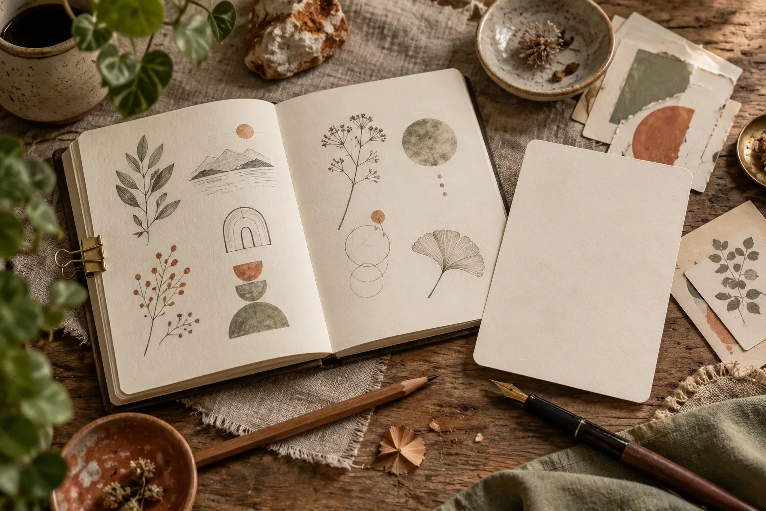 Idea journal with botanical and geometric sketches and blank cards