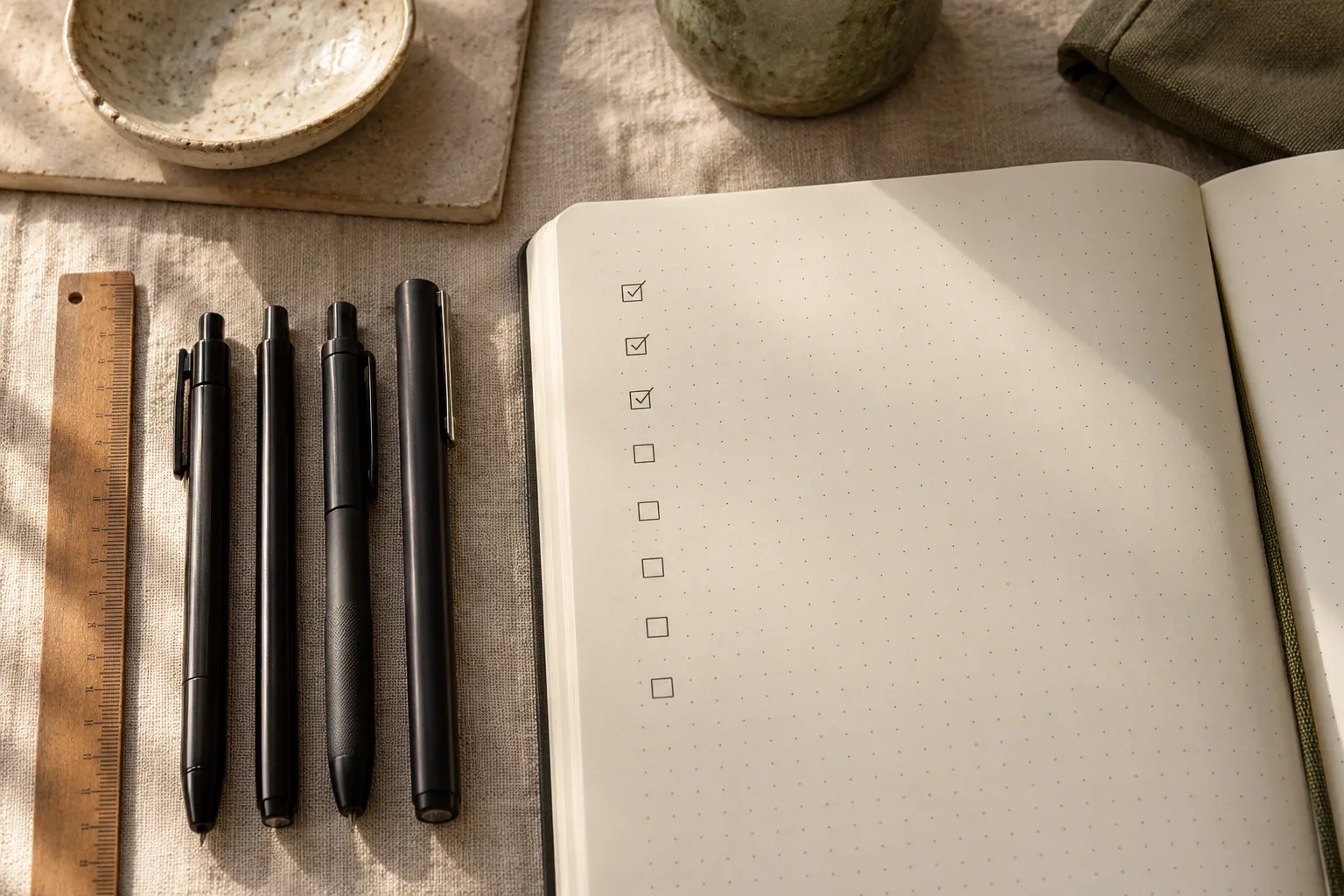 Simple daily plan in a dotted journal beside four pens and a wooden ruler