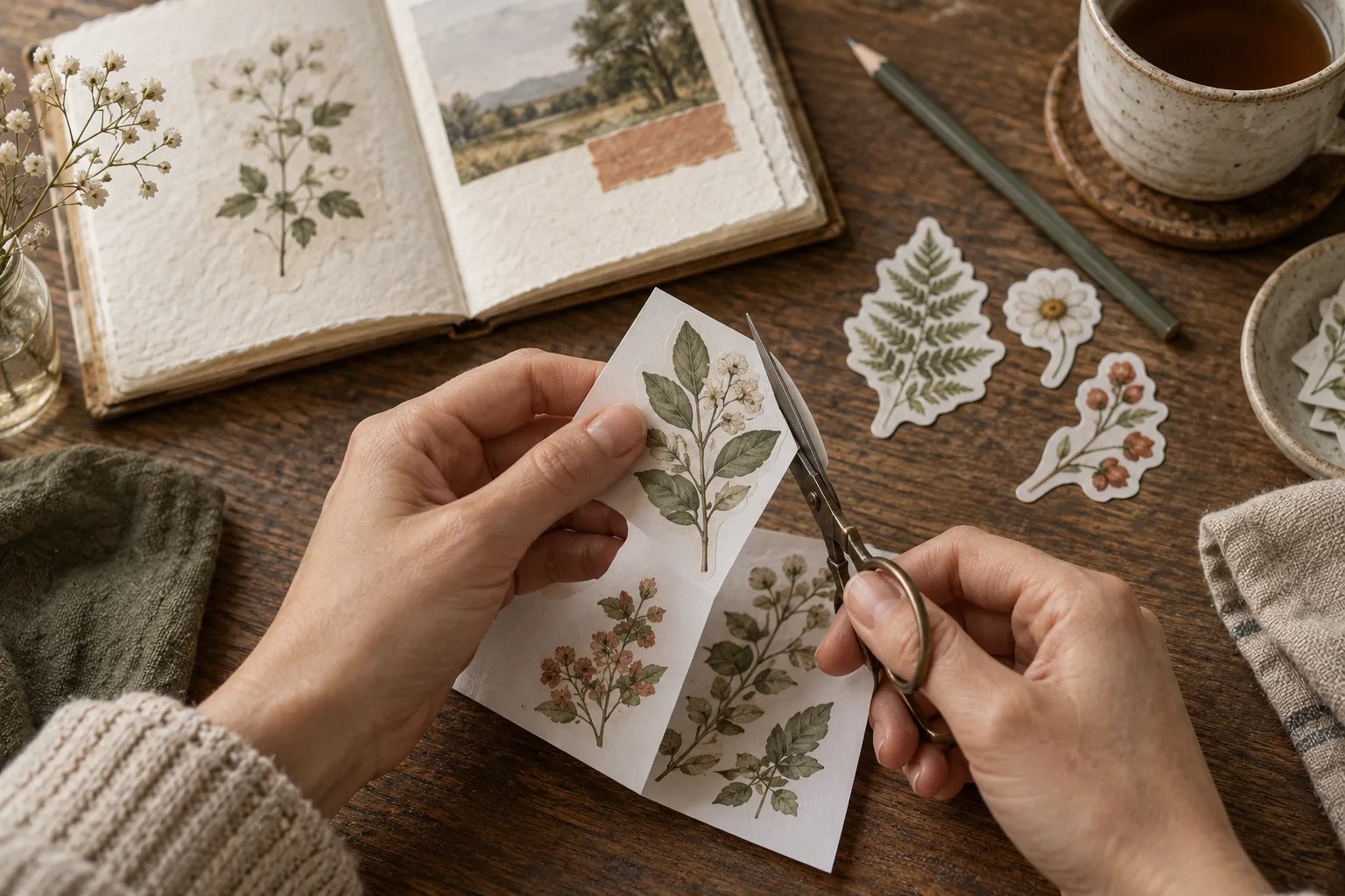 Hands carefully trimming a botanical sticker with small scissors beside a handmade journal on a wooden desk