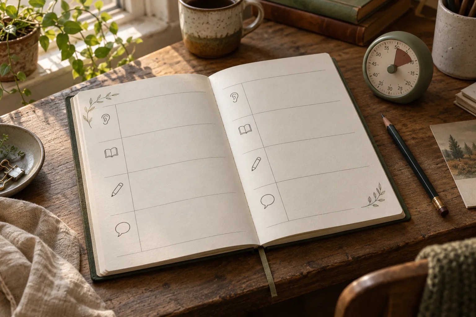 Language study journal with listening, reading, writing and speaking symbols