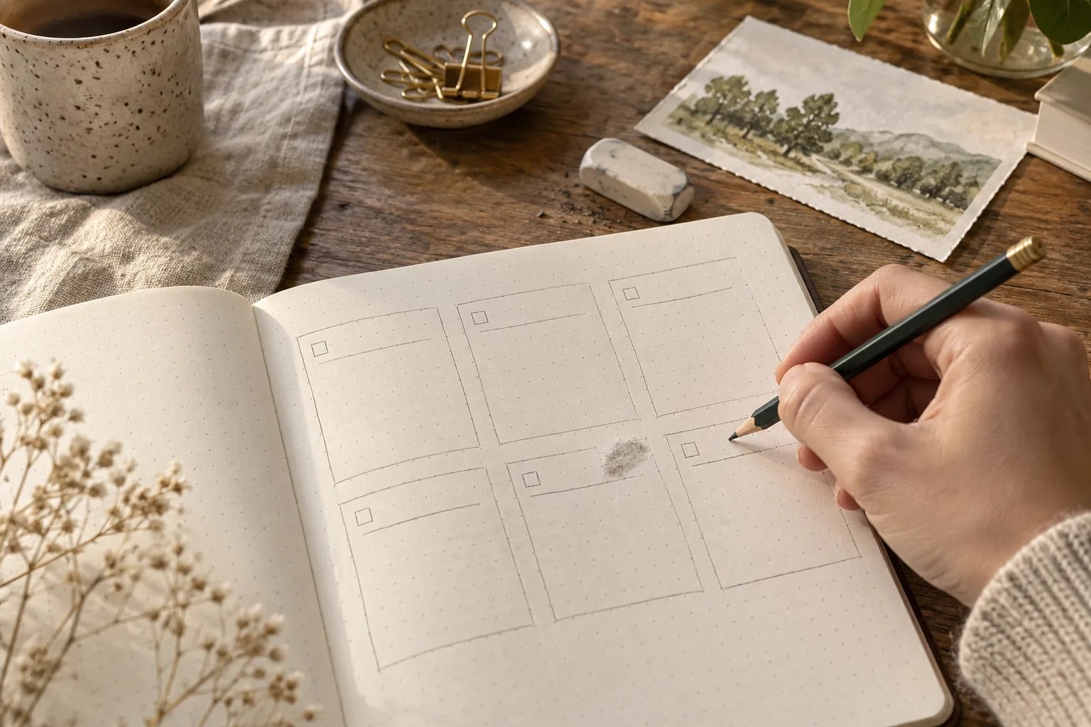 Hand drawing a practical daily plan with pencil and natural corrections in a dotted journal
