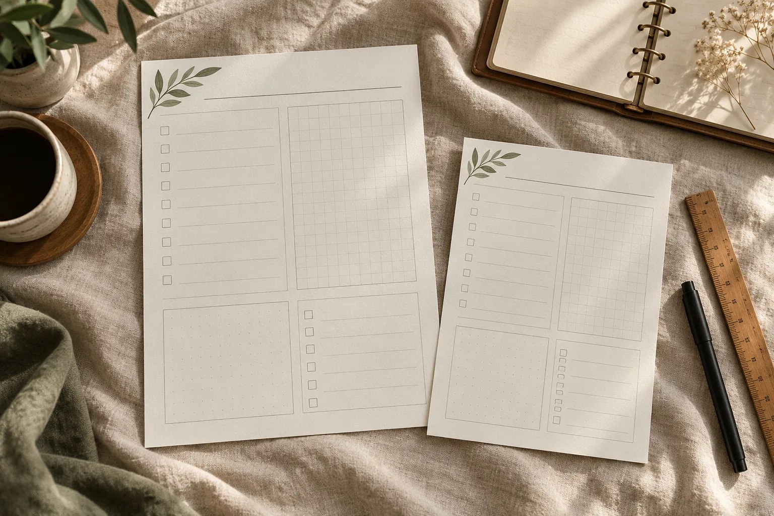 Two different sized printable planner sheets beside a ring journal and ruler