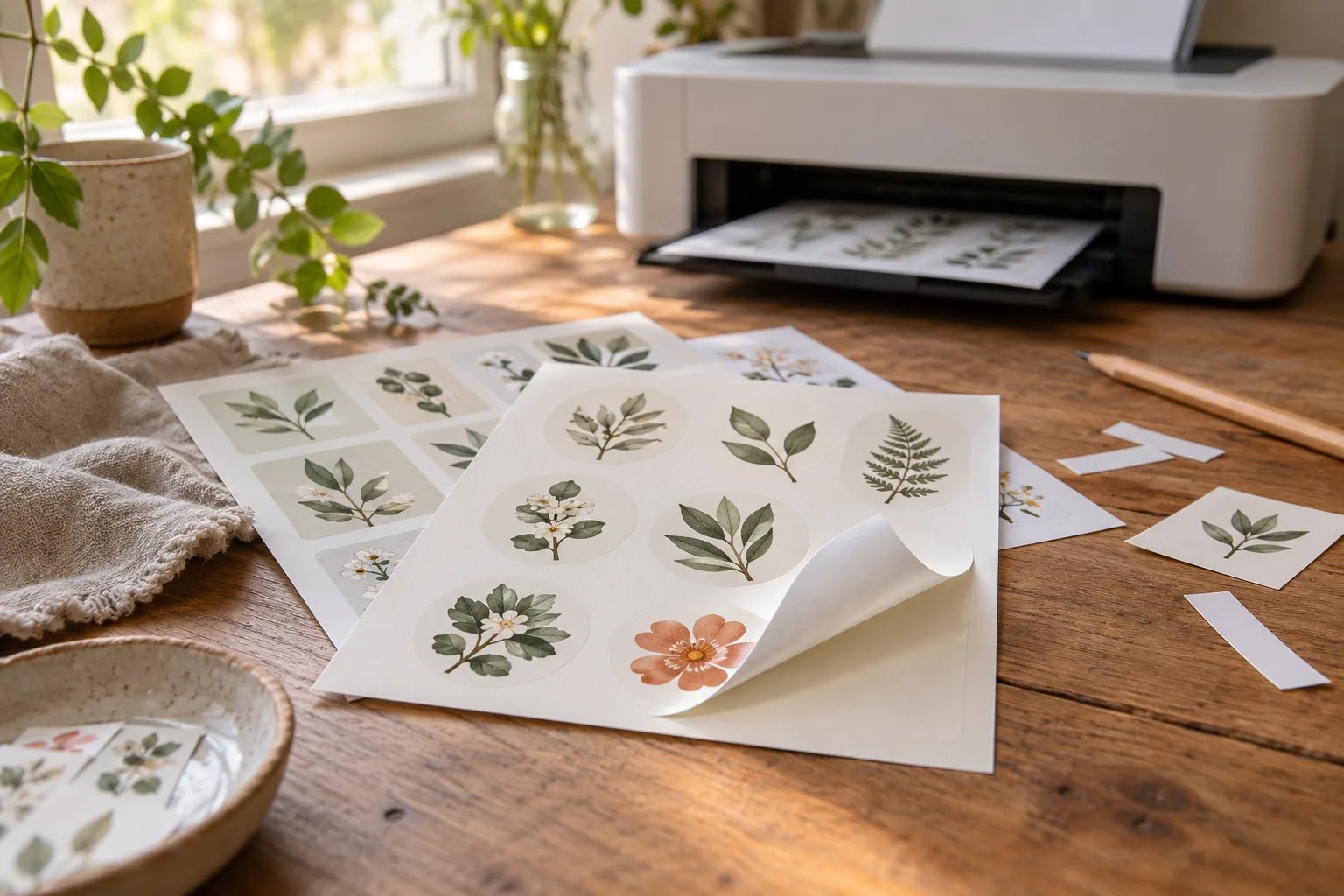 Matte botanical sticker-paper test sheets beside a home inkjet printer