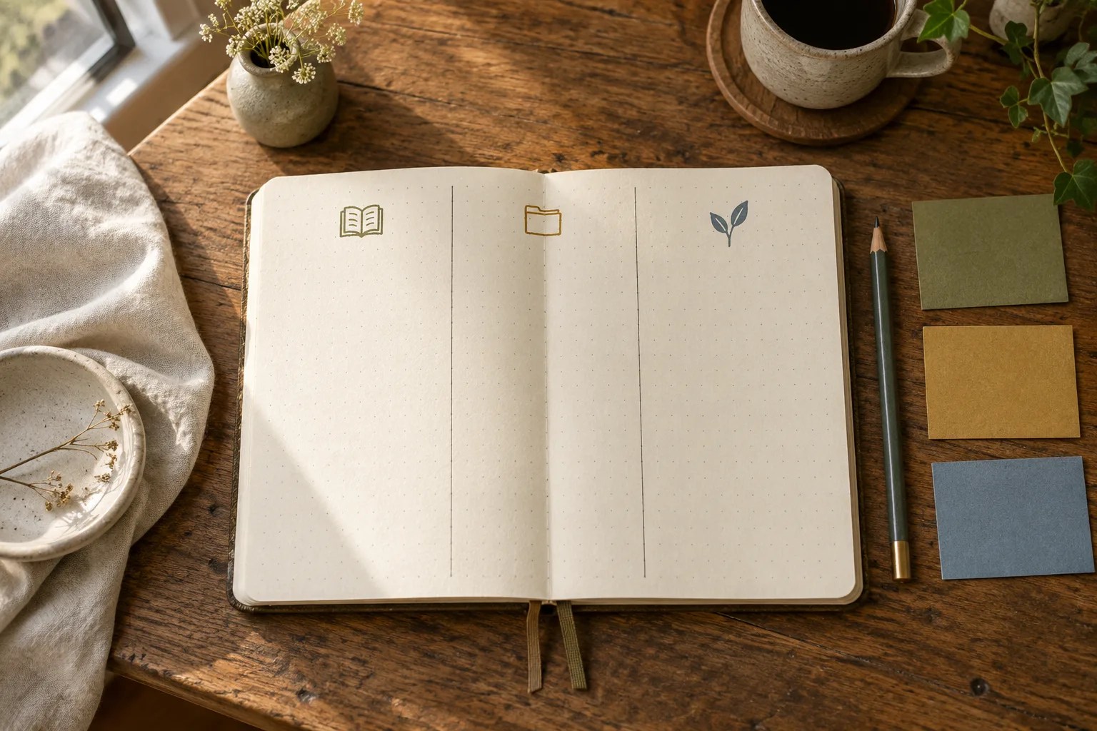 Three-goal bullet-journal layout with book, folder and leaf icons