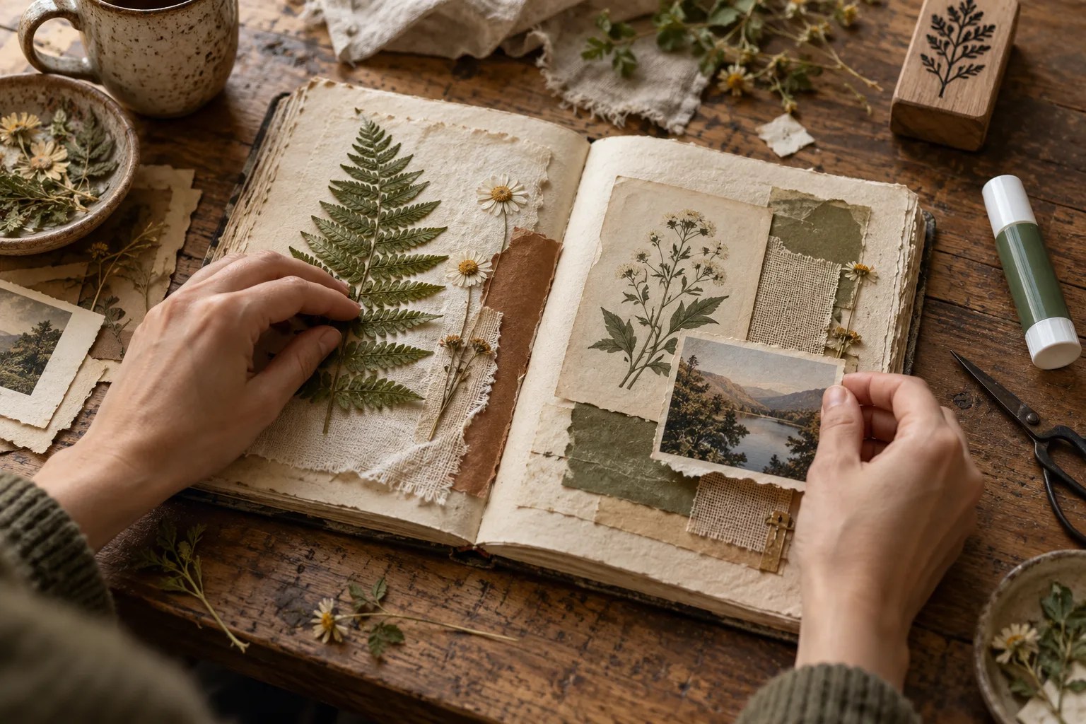 Hands arranging handmade paper and pressed botanicals in a scrapbook