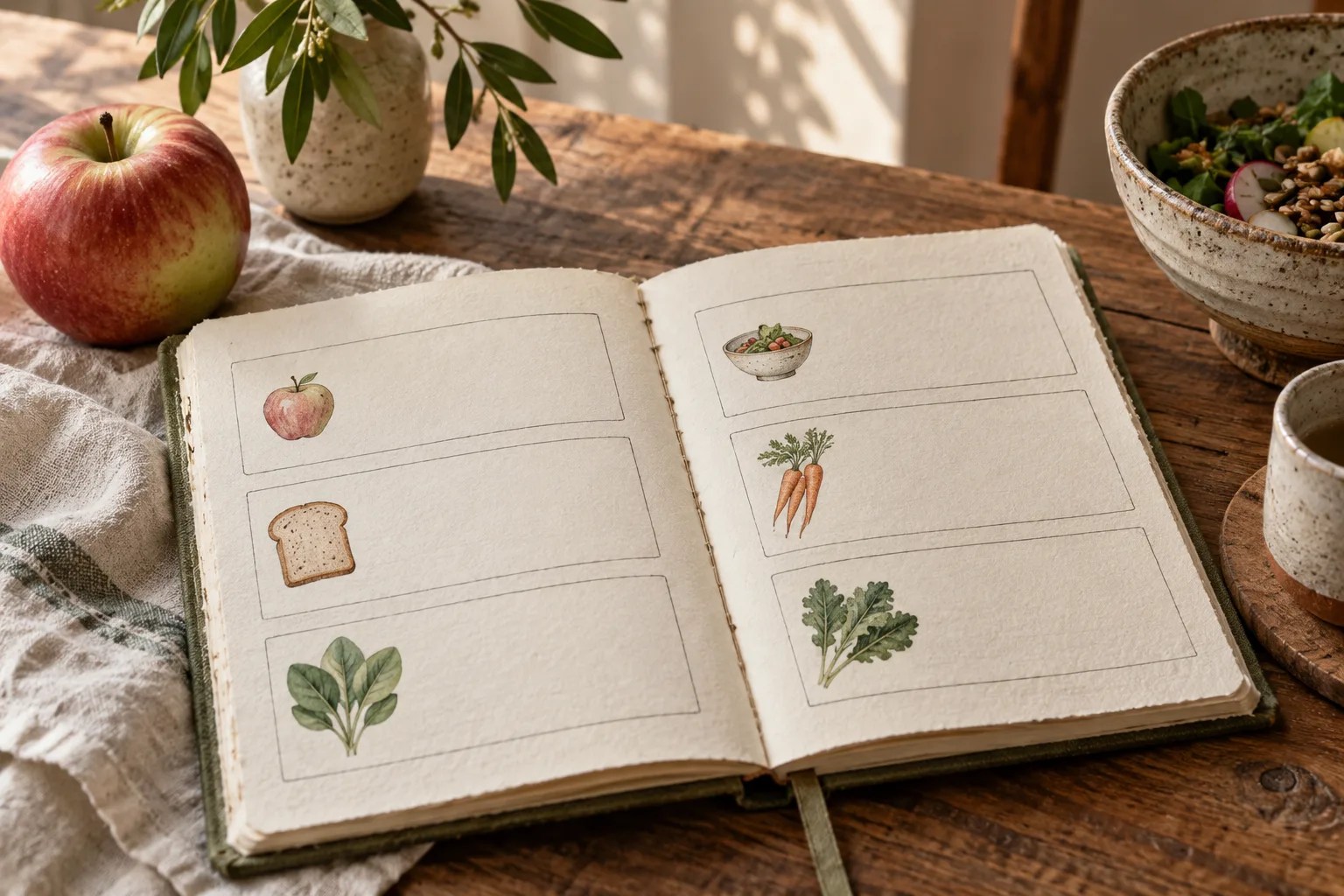Open food journal with meal boxes and simple apple, bread, and leafy vegetable drawings, beside a fresh apple and ceramic bowl.