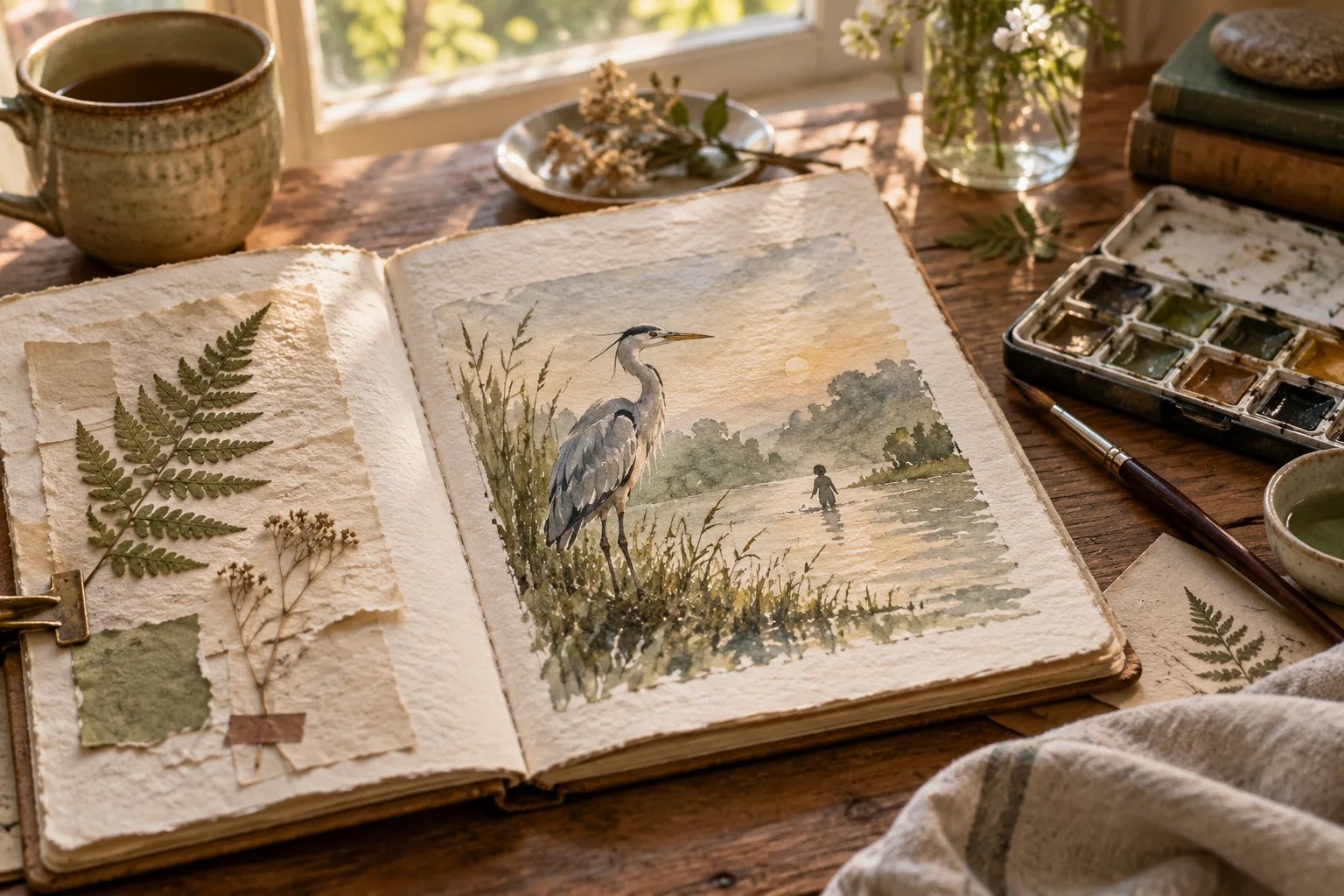 Original watercolor heron and distant boy in a handmade botanical journal