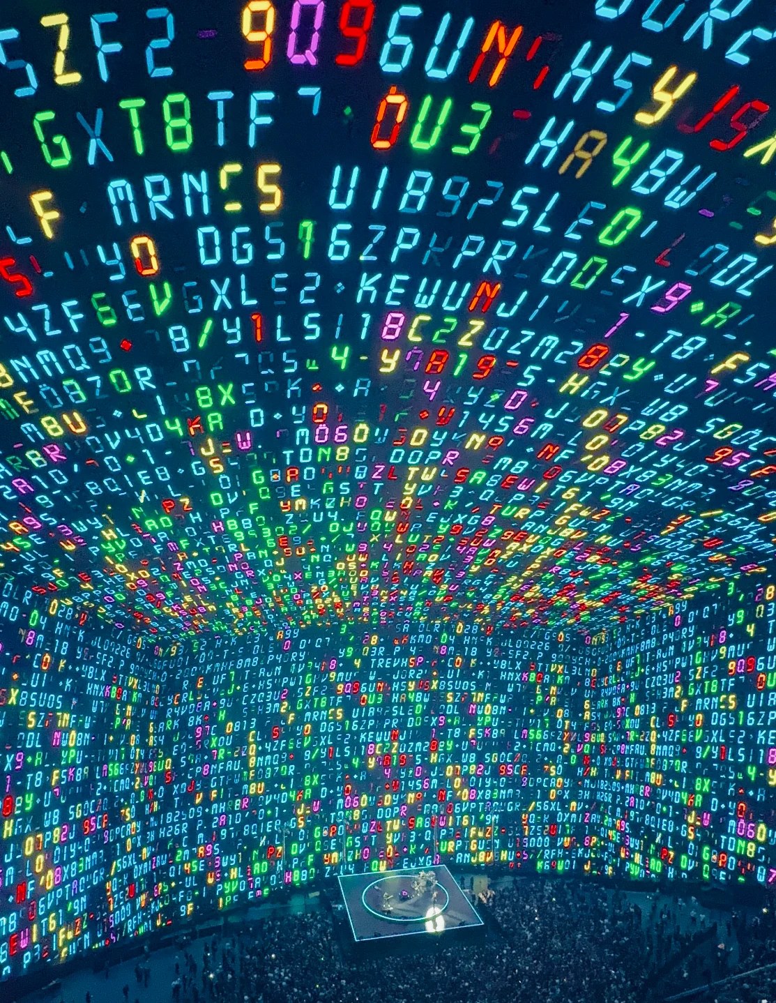Interior of Sphere, Las Vegas, with an immersive field of illuminated letters and numbers
