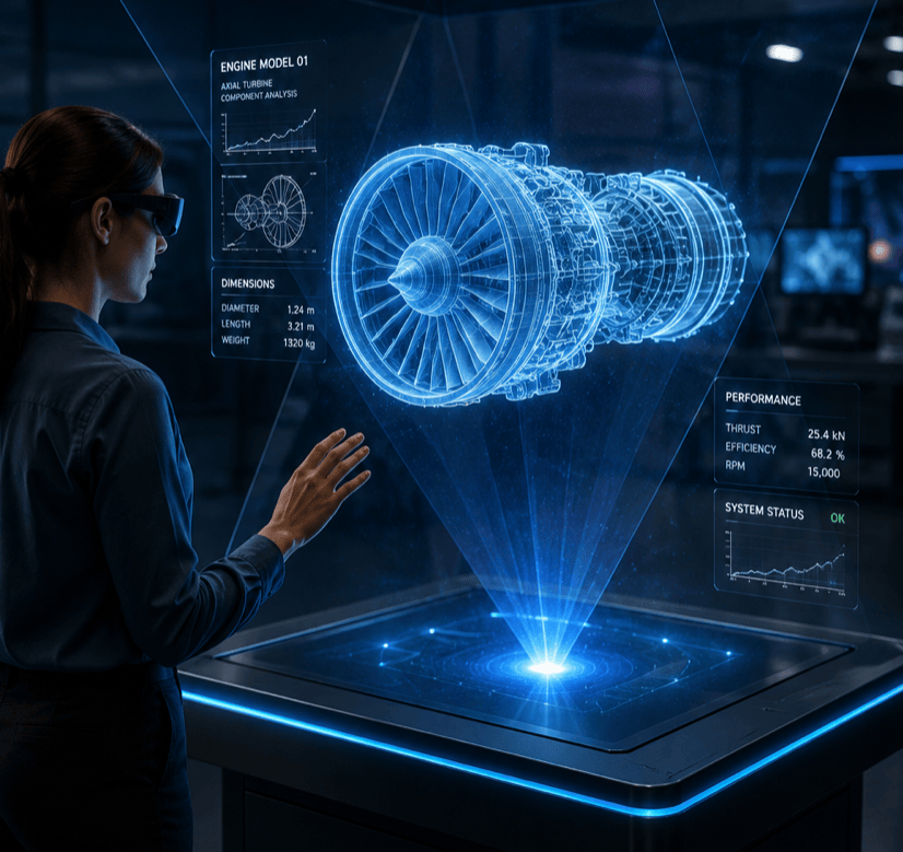 Conceptual illustration of a woman using a headset to examine a spatial visualisation of a turbine engine