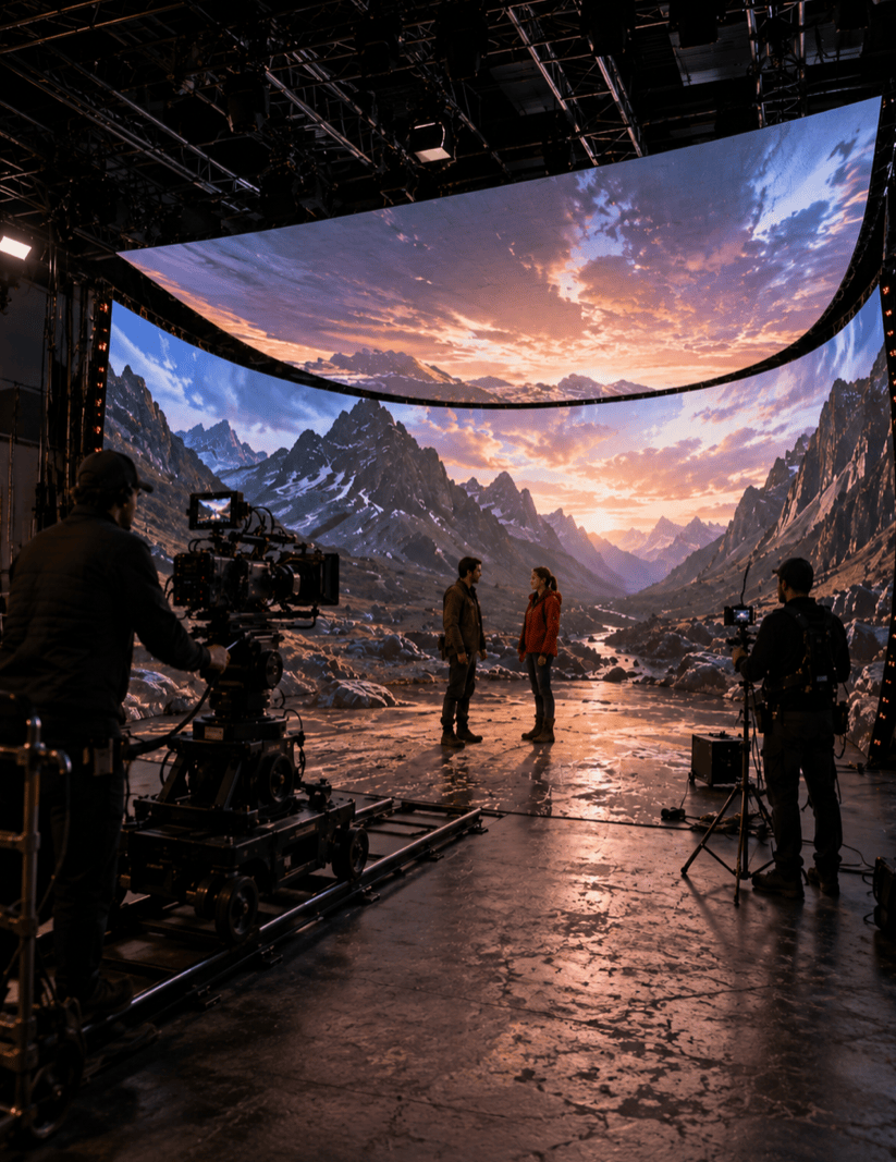 Virtual production studio with cameras, crew and actors surrounded by landscape screens
