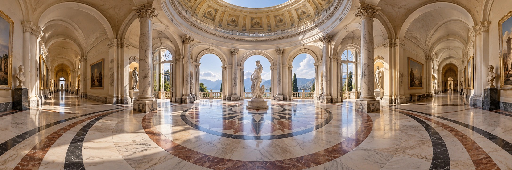 Wide curvilinear perspective view of a classical architectural interior