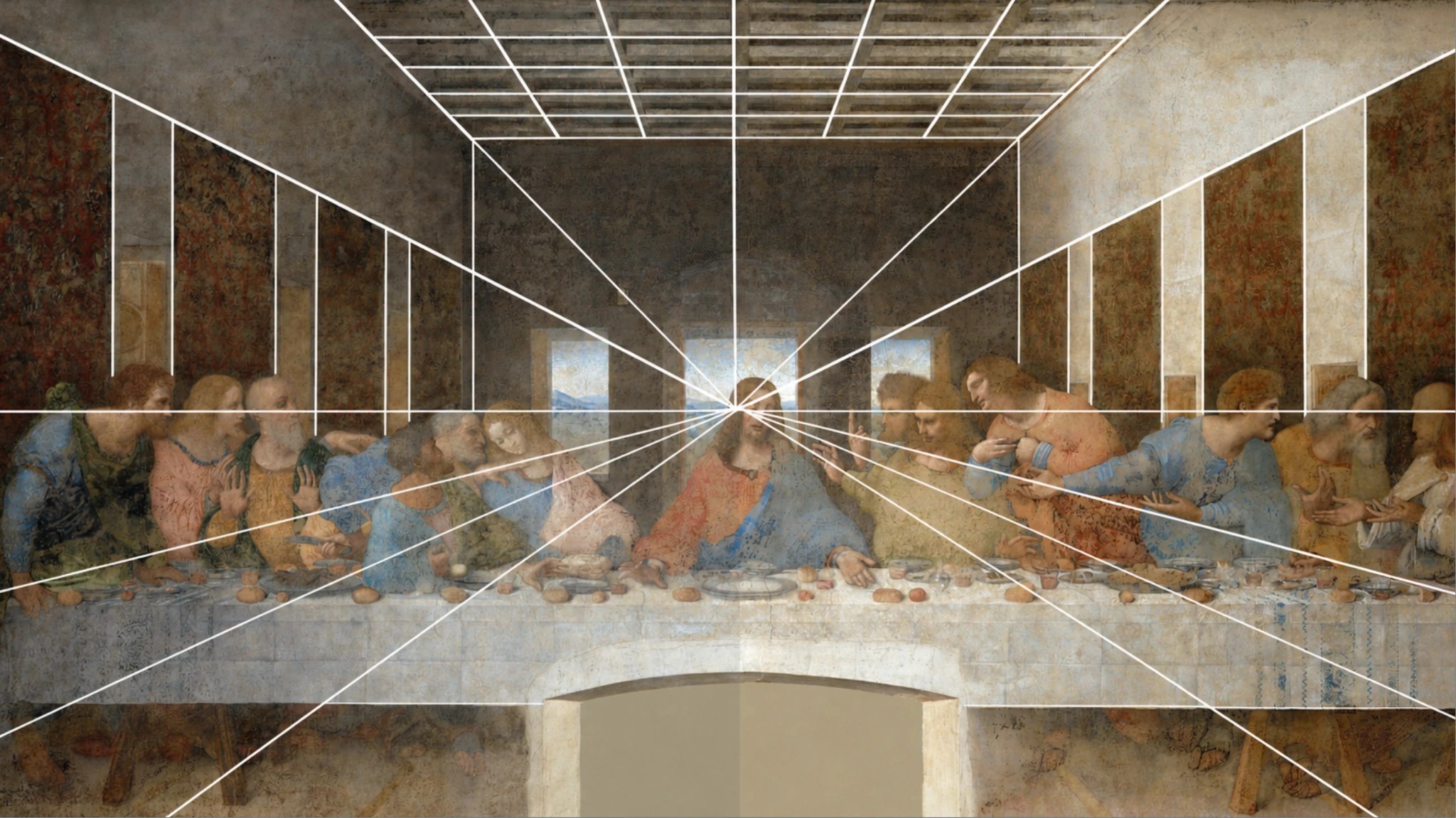 The Last Supper with perspective construction lines converging on its vanishing point